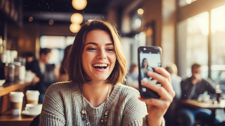 Beautiful young woman taking a selfie with her smartphone in a cafeの素材