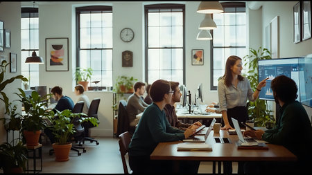 Group of young business people working in modern office. Selective focus.の素材