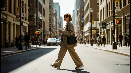 Young woman walking on a street in New York City, wearing a beige coat and sunglasses.の素材