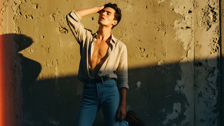 Fashionable young man in a beige jacket and blue jeans posing on the street.の素材