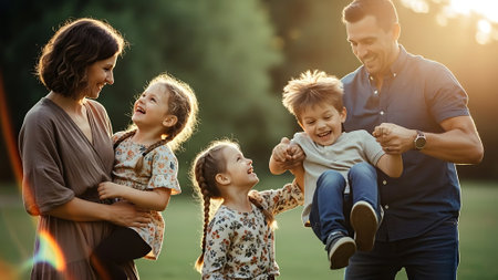 Happy family playing in the park. Mother, father and children having fun outdoors.の素材