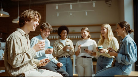 Group of happy young business people sitting in office, talking and drinking coffeeの素材