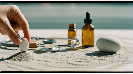 Close-up of female hand with a stethoscope on the beach and a bottle of essential oilの素材
