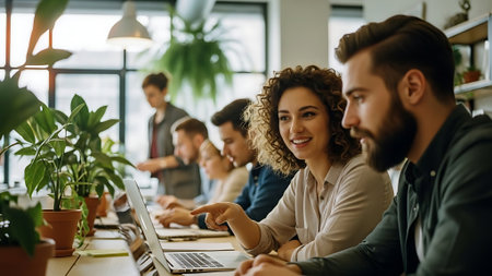 Group of young business people in smart casual wear working together in modern office.の素材