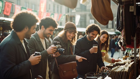 Multiethnic group of young people shopping in a street market and having funの素材