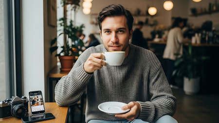 Handsome young man drinking coffee and smiling while sitting in cafeの素材