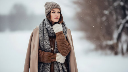 Beautiful young woman in a winter park. The girl is dressed in a warm coat and a knitted hat.の素材