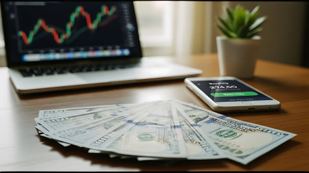 Laptop, smartphone and money on the table in the office.の素材