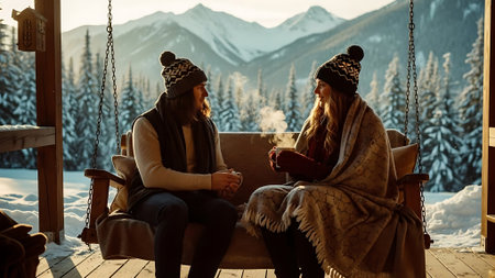 Couple in warm clothes sitting on the porch of a mountain house and looking at each otherの素材