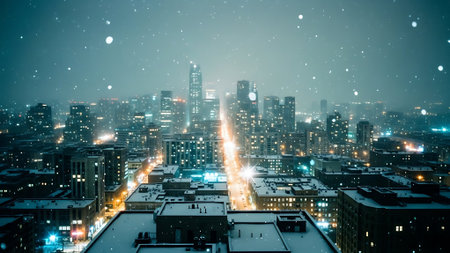 Cityscape at night with bright lights and snowflakes. 3d renderingの素材