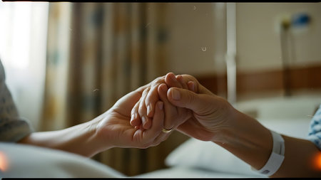 Close up of a couple holding hands while sitting on a bed.の素材