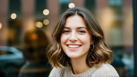 Portrait of a beautiful young woman with brown hair on the streetの素材
