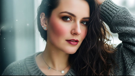 Portrait of a beautiful young brunette woman in a gray sweaterの素材