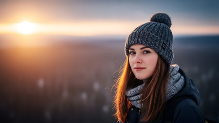 Portrait of a beautiful girl in a winter hat and scarf on the background of the winter landscape.の素材