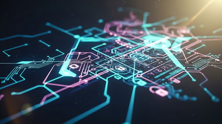 Abstract glowing circuit board interface on dark background. Technology concept. 3D Renderingの素材