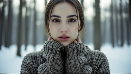 Portrait of a beautiful young woman in the winter forest. Girl in a knitted sweater and scarf.の素材