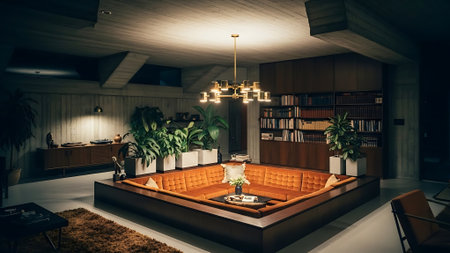 Interior of a hotel lobby with a brown sofa and bookshelvesの素材