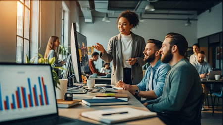 Group of business people in smart casual wear working together in modern office.の素材
