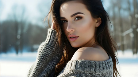 beautiful young woman in warm sweater and scarf looking at camera in winter parkの素材