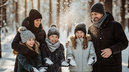 Happy family playing snowballs in winter park. Mother, father and children having fun together.の素材