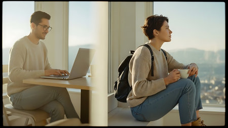 Young man and woman sitting in cafe with laptop and cup of coffeeの素材