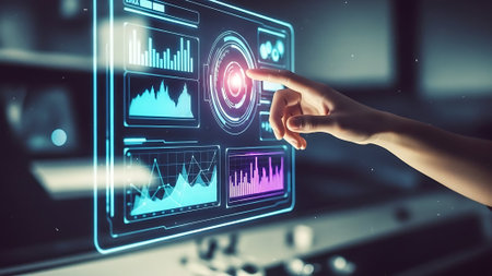 Close up of female hand touching virtual panel with glowing graphs and diagramsの素材