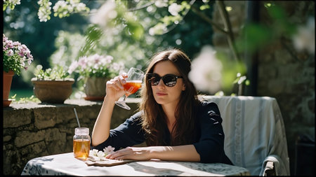 Beautiful young woman drinking coctail in a summer cafe.の素材