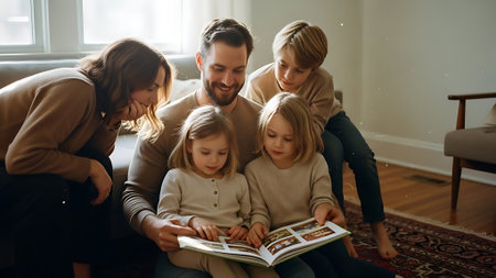 Happy family with two children sitting on sofa and reading book at homeの素材