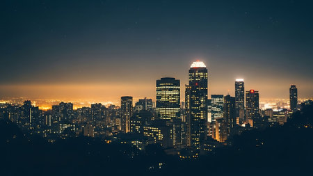 Aerial view of skyscrapers in the city at night.の素材