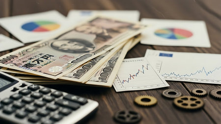 Business concept. Money, calculator and graph on wooden table background.の素材