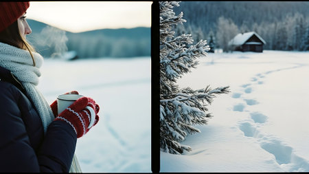 Collage of woman with cup of hot drink in winter forest.の素材