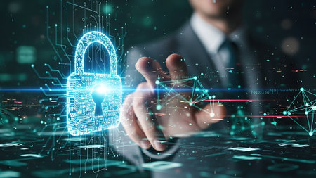 Businessman on blurred background using digital padlock interface 3D renderingの素材