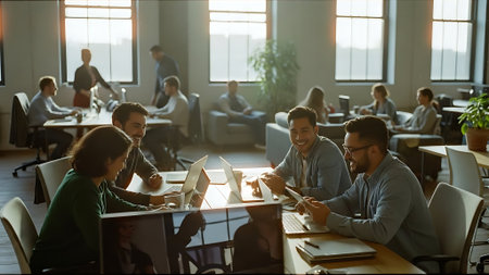 Group of young business people discussing business plan  in the office.の素材
