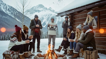 Group of friends having a picnic on the mountain in winter. They are sitting near the bonfire.の素材