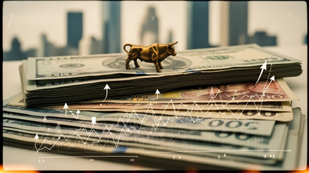 Bull and bear on a stack of dollar bills with a graph in the backgroundの素材