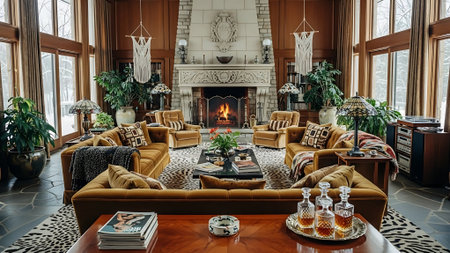 Luxury living room with fireplace and armchairs in classic styleの素材