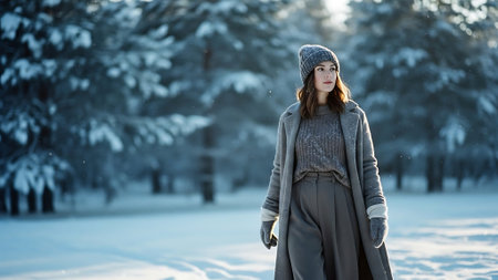 Beautiful young woman in winter park. Girl in winter clothes.の素材