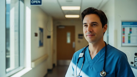 Portrait of young male doctor with stethoscope in hospital corridorの素材