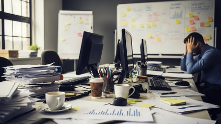 Stressed Businessman Working at His Desk in a Modern Office.の素材