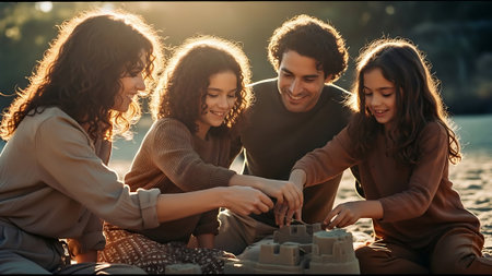 Three beautiful young people playing with a model of a house on the beachの素材