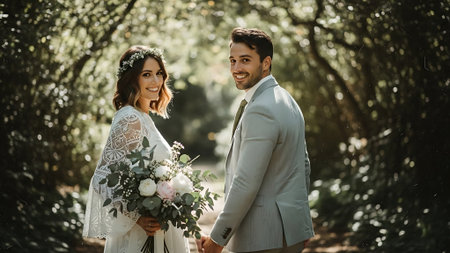 Beautiful wedding couple, bride and groom posing in the park.の素材