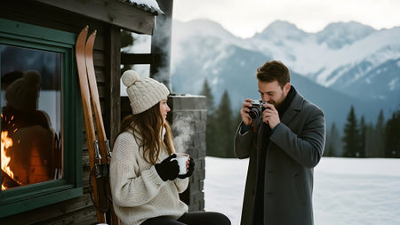 Beautiful young couple drinking coffee and taking photos of beautiful mountains in winterの素材