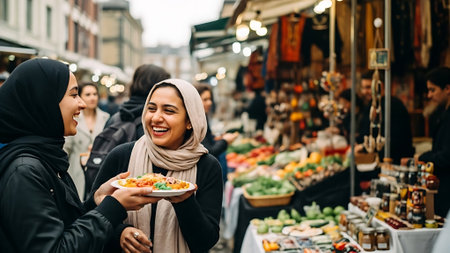 Mixed race muslim women shopping at street food market in winter.の素材