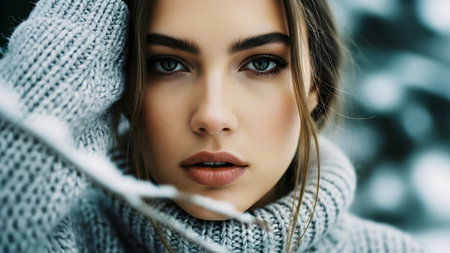 Close up portrait of a beautiful young woman in knitted sweater and scarfの素材