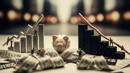 Miniature people : Businessman with graph, chart, bar graph and coin moneyの素材