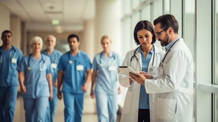 Healthcare people group. Professional doctor working in hospital office or clinic with other doctors, nurse and surgeon.の素材