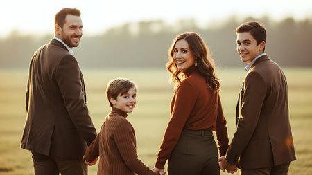 Portrait of a happy family walking in the park at sunset.の素材