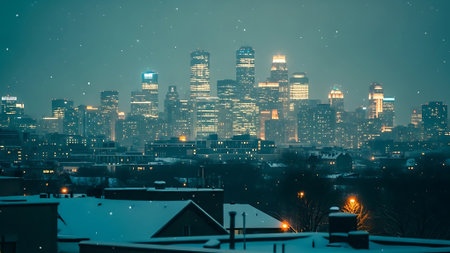 Cityscape of Montreal at night with snow and lights. Montreal, Canada.の素材
