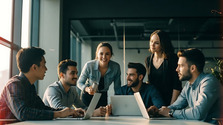 Group of young business people in smart casual wear working together in office.の素材