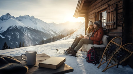 Couple sitting on a chair in front of a mountain hut and reading a bookの素材
